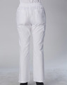 White chef pants with a relaxed fit, featuring pockets and an elastic waistband. Suitable for kitchen wear.