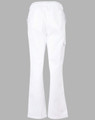 White ladies' chef pants with a flared bottom, featuring a back view and pockets. Includes a logo.