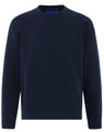 A navy crew neck sweatshirt with long sleeves, featuring a simple design and a logo on the front.