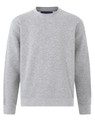A grey crewneck fleece jumper featuring long sleeves and a simple design. It has a branding logo.