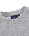 A grey crew fleece jumper with a round neckline and a tag featuring logos.
