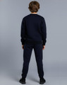 A navy fleecy sweater for kids, viewed from the back, paired with matching pants. The garment has a logo.