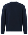A navy blue crew neck fleece sweater with a plain back design and long sleeves. Features a logo on the front.