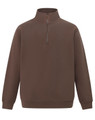 A brown 1/2 zip collar fleecy sweat featuring a regular fit and long sleeves. It has a logo on the front.