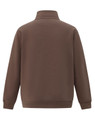 A brown 1/2 zip collar fleecy sweat in a plain design, featuring a logo on the back.