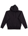 A men's full-zip fleecy hoodie in black with a hood and front pockets. It features a logo on the garment.