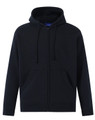 A navy full-zip fleecy hoodie with a hood and front pockets, featuring a logo.
