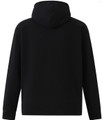 A black men's full-zip fleecy hoodie with a hood and ribbed cuffs, featuring a logo on the back.