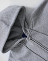 A grey men's full-zip fleecy hoodie with a hood and zippered front. It features a branding logo.