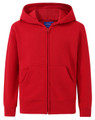 A red full-zip fleece hoodie with a hood and front pockets, featuring a logo.