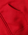 A close-up of a red full-zip fleecy hoodie featuring a front pocket. The fabric appears soft and cozy.