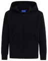 A black full-zip fleecy hoodie with a hood and front pockets. It features a logo on the fabric.
