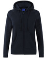A navy full-zip fleecy hoodie featuring a hood and front pockets, with a logo on the fabric.