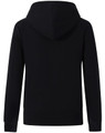 A black full-zip fleecy hoodie featuring a hood and ribbed cuffs. Includes a logo on the back.