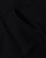 A black full-zip fleecy hoodie featuring a front pocket and stitched detailing. Includes a logo.