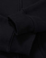 A black full-zip fleecy hoodie with a smooth fabric texture and a close-up view of the sleeve.