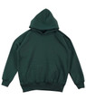 A green kids' fleece hoodie featuring a front pocket and a hood, with a logo on one side.