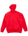 A red kids' fleece hoodie featuring a kangaroo pocket and a hood, with a logo on the front.
