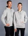 A grey fleecy hoodie with a front pocket, featuring a logo, worn by a man and a woman.