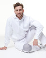 A white fleecy hoodie with a front pocket, featuring a logo, worn with matching light grey pants.