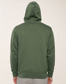 A green fleecey hoodie with a close front and a hood, viewed from the back.