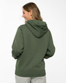 A green adult's close front contrast fleecy hoodie with a hood, seen from the back.