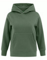 A green kids' hoodie with a front pocket and a contrast fleecy interior. It features a hood and long sleeves.
