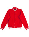 A red fleece varsity jacket featuring white striped cuffs and collar, with a logo on the chest.