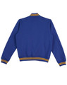 A blue fleece varsity jacket featuring contrasting striped ribbing on the collar and cuffs, with a logo at the front.