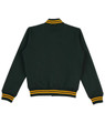 A green varsity jacket featuring yellow striped cuffs and collar, with a logo on the front.