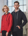 A red and a dark grey fleece hoodie with contrast detailing, featuring full zip closures and hoods. Both have logos.