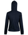 A navy ladies' full zip contrast fleece hoodie featuring a hood and long sleeves, with a logo on the back.