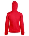 A red ladies' full zip fleece hoodie featuring a hood and long sleeves, with a logo present.