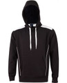 A black hoodie with contrast white detailing and a kangaroo pocket, featuring a hood and drawstrings.
