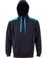 A navy hoodie with teal contrast accents and a kangaroo pocket, featuring a hood and a branding logo.