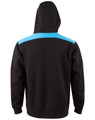 A black hoodie with a blue contrast stripe across the shoulders and a hood. It features a logo on the front.