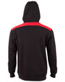 A black hooded jumper featuring a red contrast stripe across the shoulders and a kangaroo pocket. It has a logo on it.