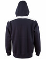 A navy hoodie featuring a contrasting white panel across the shoulders, with a hood and kangaroo pocket.