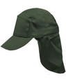 A green poly cotton legionnaire hat with a wide brim and neck flap, featuring a logo on the front.