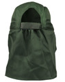 A green poly cotton legionnaire hat with an open back and an attached strap. Features a logo on the side.