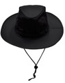 A black slouch hat with a wide brim and a break-away clip, featuring a cord for secure wear.