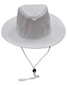 A white bucket hat with a wide brim and a break-away clip attachment on the chin strap. It features a logo.