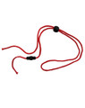 A red chin strap break-away clip with adjustable black toggles on each end. It has a simple, functional design.
