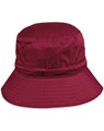 A red bucket hat with a wide brim, featuring a toggle and a logo.