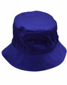 A blue bucket hat with a toggle, featuring a wide brim. The hat has a smooth finish and includes a logo.