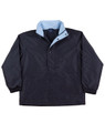 A black varsity jacket with a light blue inner collar, featuring a logo and snap buttons.