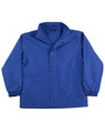 A blue kids' contrast jacket with a collared neckline, front snaps, and side pockets, featuring a logo.