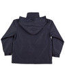 A kids' varsity jacket in navy blue with a hood and a simple back design. It features a logo.
