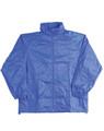 A blue outdoor activity spray jacket with a full zip and elasticated cuffs, featuring a logo.