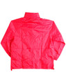 A bright pink kids' outdoor activity spray jacket features a high collar and long sleeves. It has a logo on it.